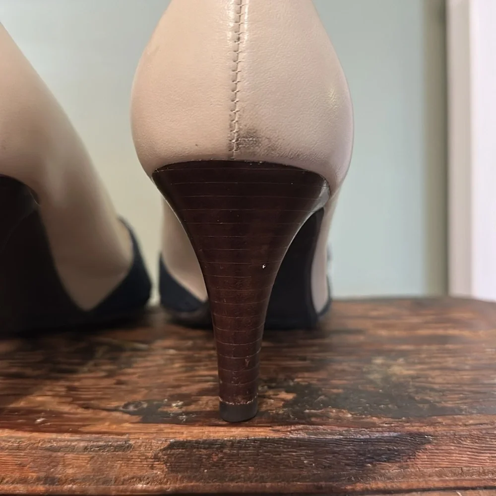 Talbots Navy and Cream Two-Tone Leather and Suede Peep Toe Heels